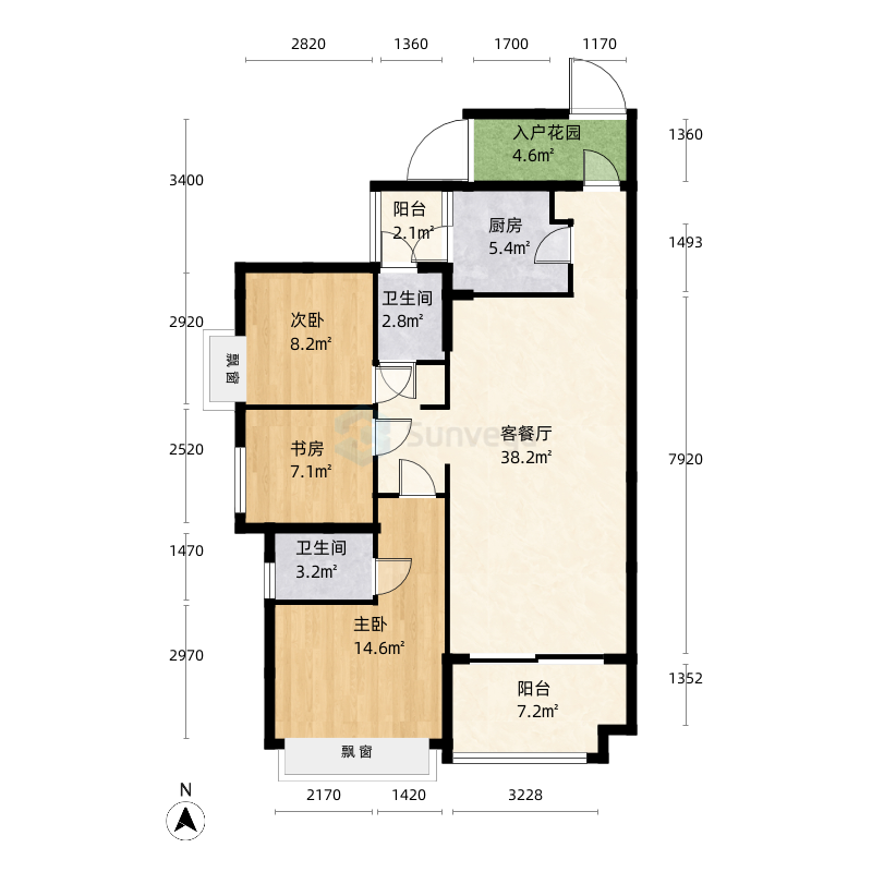 监利银湖城3室2厅2卫1厨117.0㎡户型图