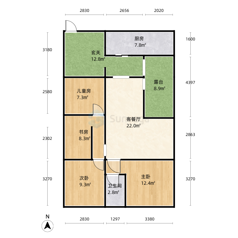 西湖国际一楼4室2厅1卫1厨114.0㎡户型图