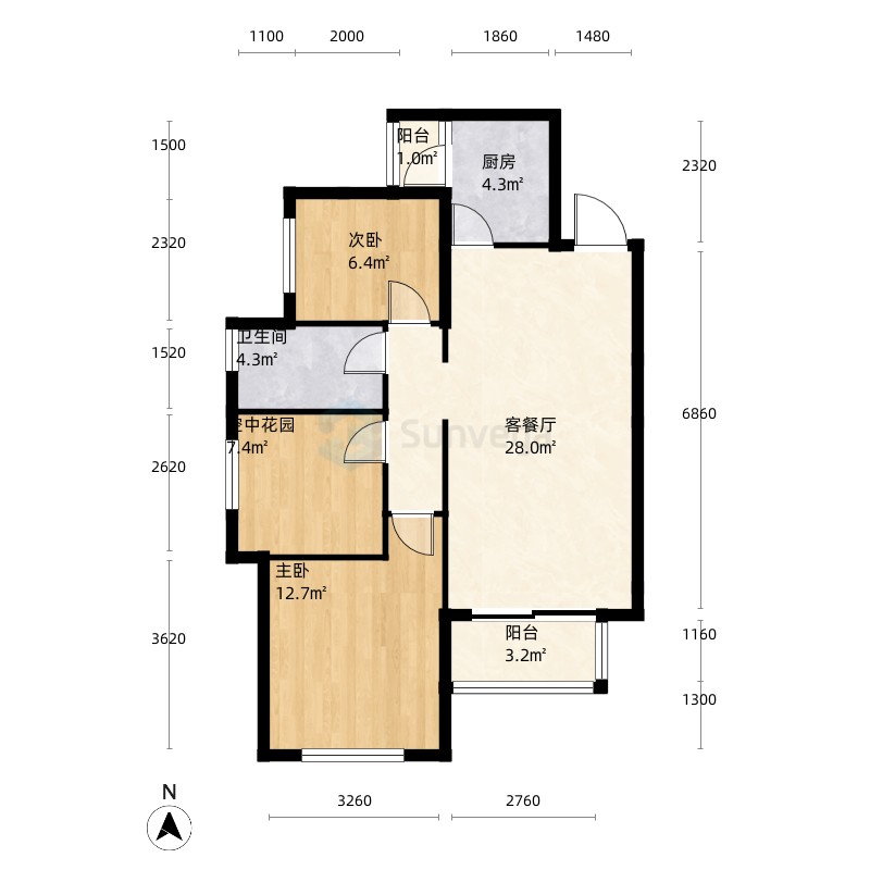 振业城二期2室2厅1卫1厨89.0㎡户型图