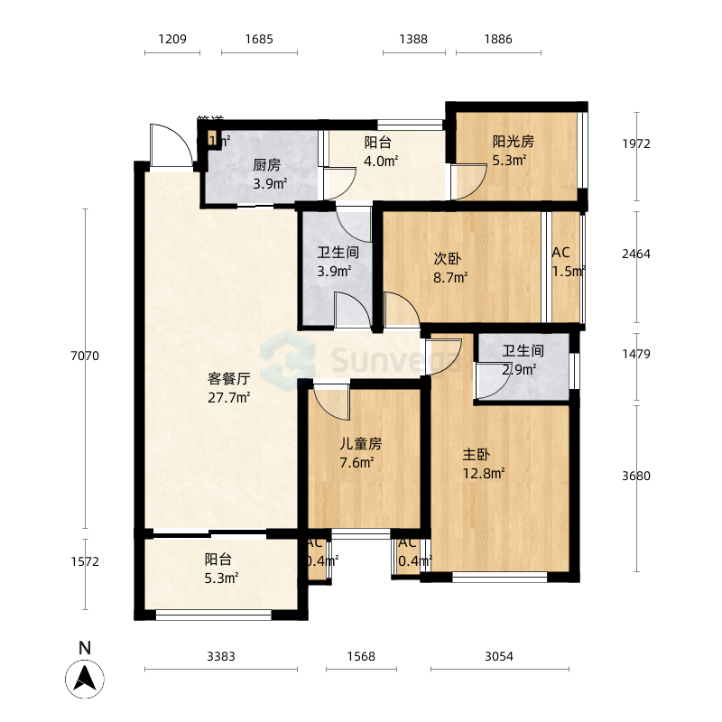 时代茗城|财富天下3室2厅2卫1厨2.0㎡户型图