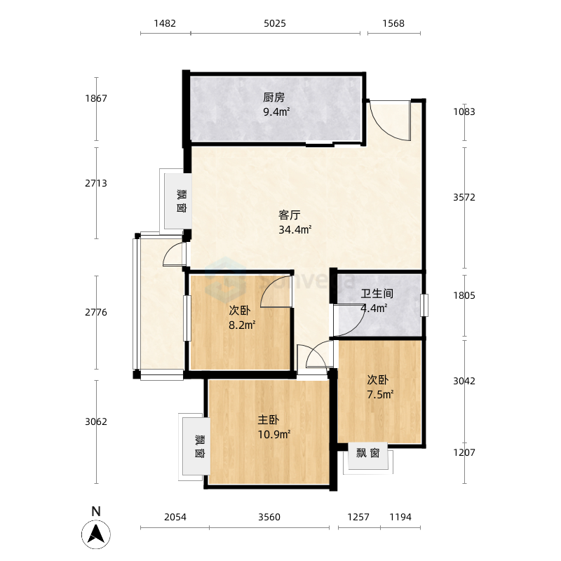 大竹学府上城3室1厅1卫1厨94.0户型图