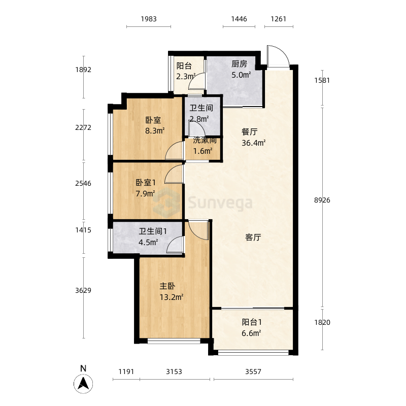 隆生仲恺花园3室2厅2卫1厨122.00㎡户型图