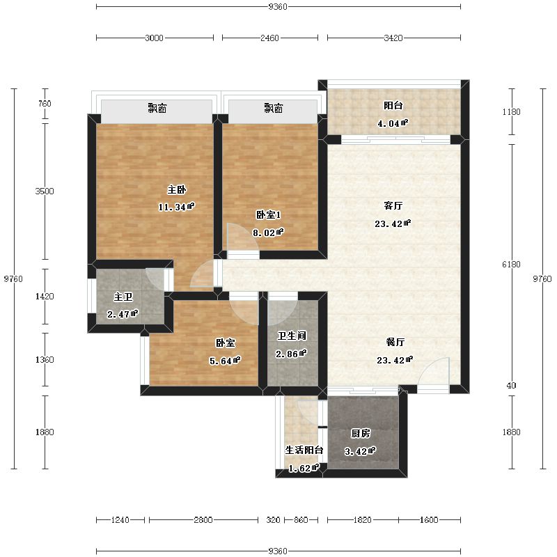 山海华府3室2厅2卫1厨101.00㎡户型图