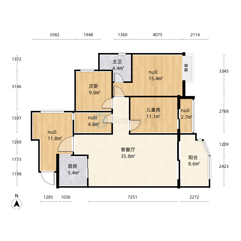 五源河公寓-b区2室2厅1卫1厨127.0㎡户型图