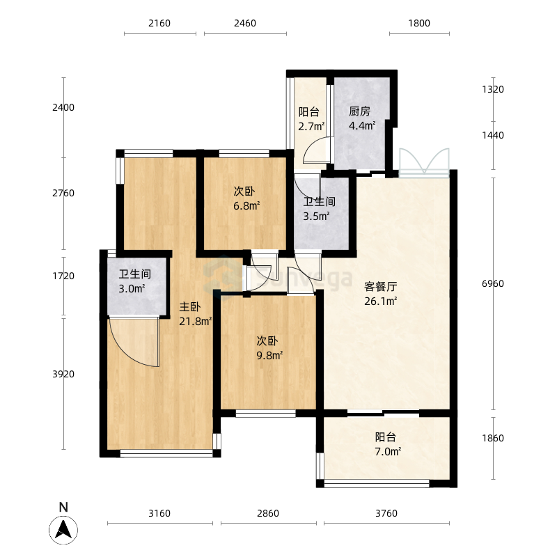 临江邸3室2厅2卫1厨87.0㎡户型图