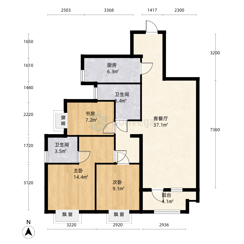 融创公园壹号3室2厅2卫1厨110.0㎡户型图