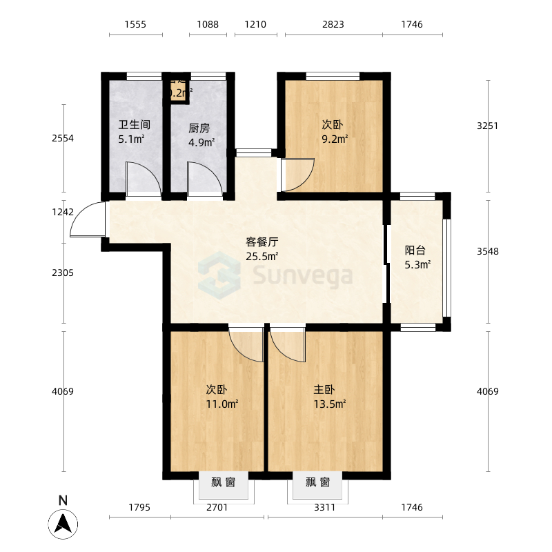 金汇广场3室2厅1卫1厨93.0㎡户型图