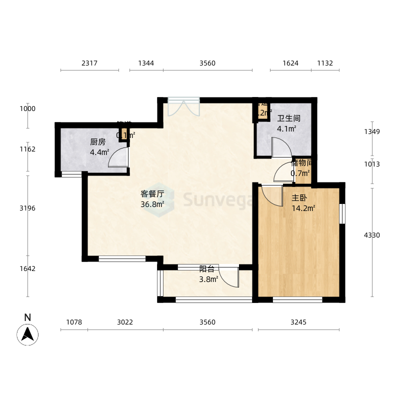 林肯公园二期公寓1室2厅1卫1厨90.0㎡户型图