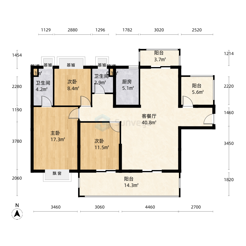 碧桂园珑誉花园3室2厅2卫1厨143.0㎡户型图