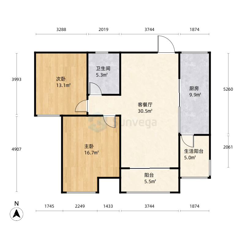 国贸花园2室2厅1卫1厨93.0㎡户型图