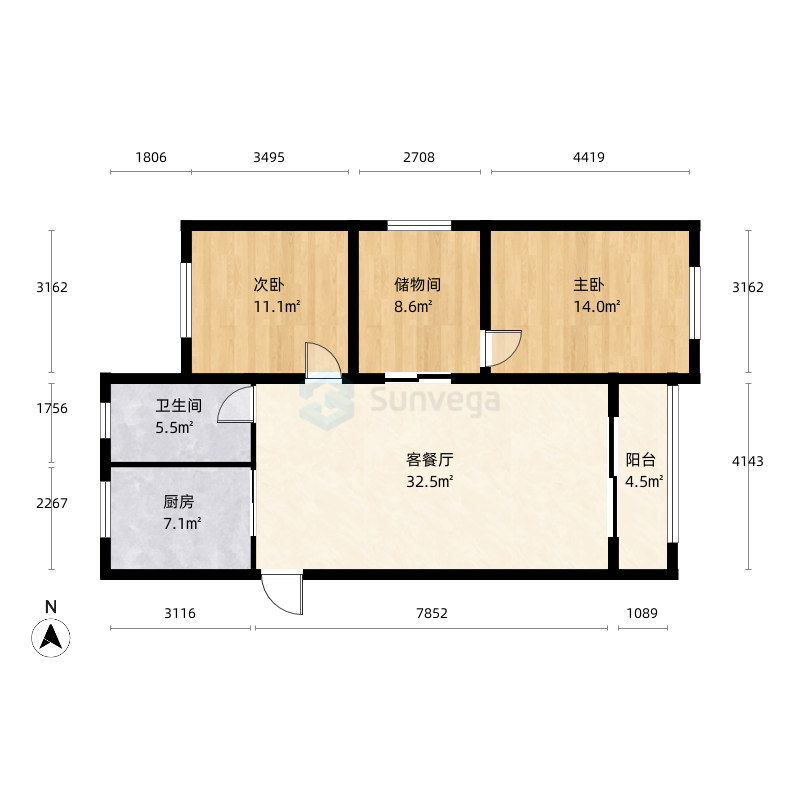 华鼎星城7#9012室2厅1卫1厨104.0㎡户型图