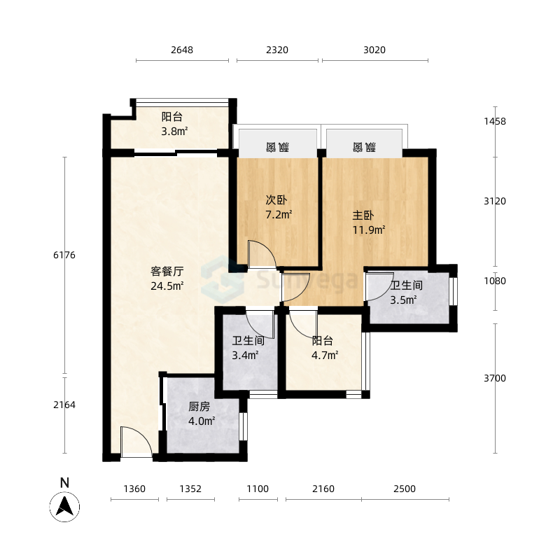 远洋新天地2室2厅2卫1厨89.0㎡户型图