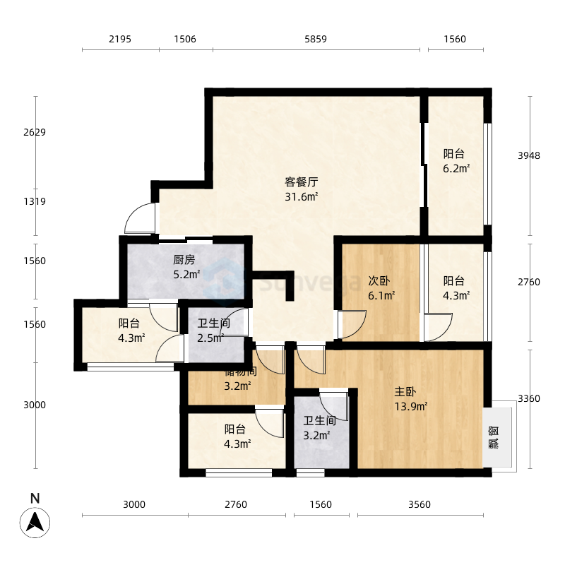 自贡南湖领御二居室户型图-三维家户型库