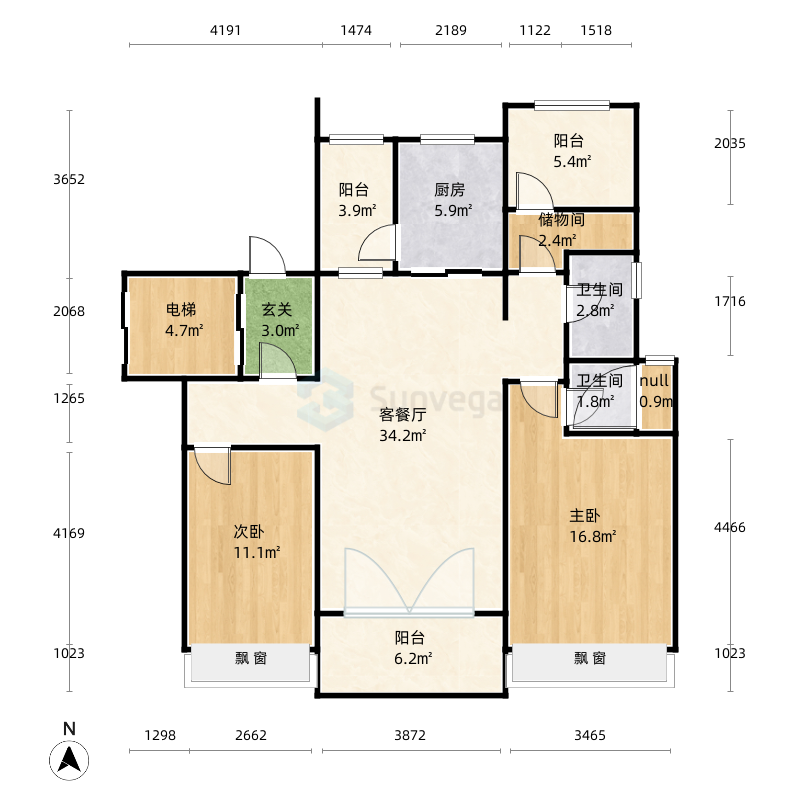 黔江碧桂園2室0廳2衛0廚91.0㎡戶型圖